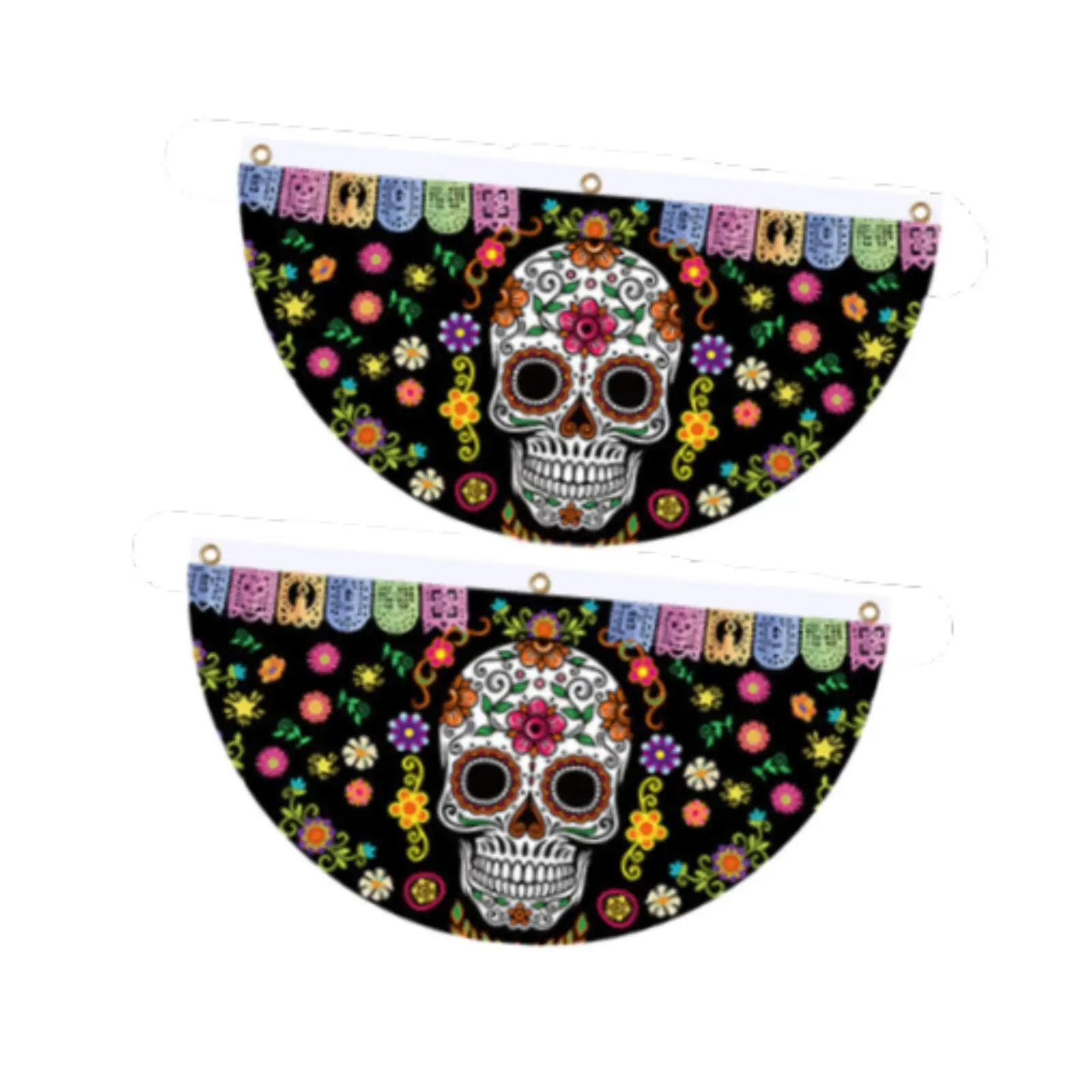 2Pcs Halloween Skull Fan Flag Mexican Day of The Dead Bunting Flag Halloween Decor for Store House Indoor Outdoor Yard Carnival