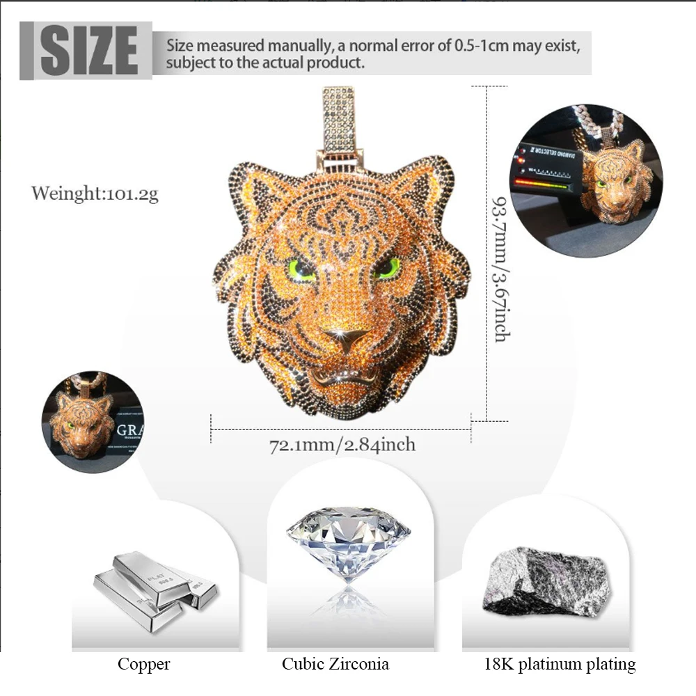 3D Tiger Head Pendant Hip-hop Necklace Rapper Jewelry Punk Street Party Music Festival Fine Jewelry Gifts for Men Boy Friends