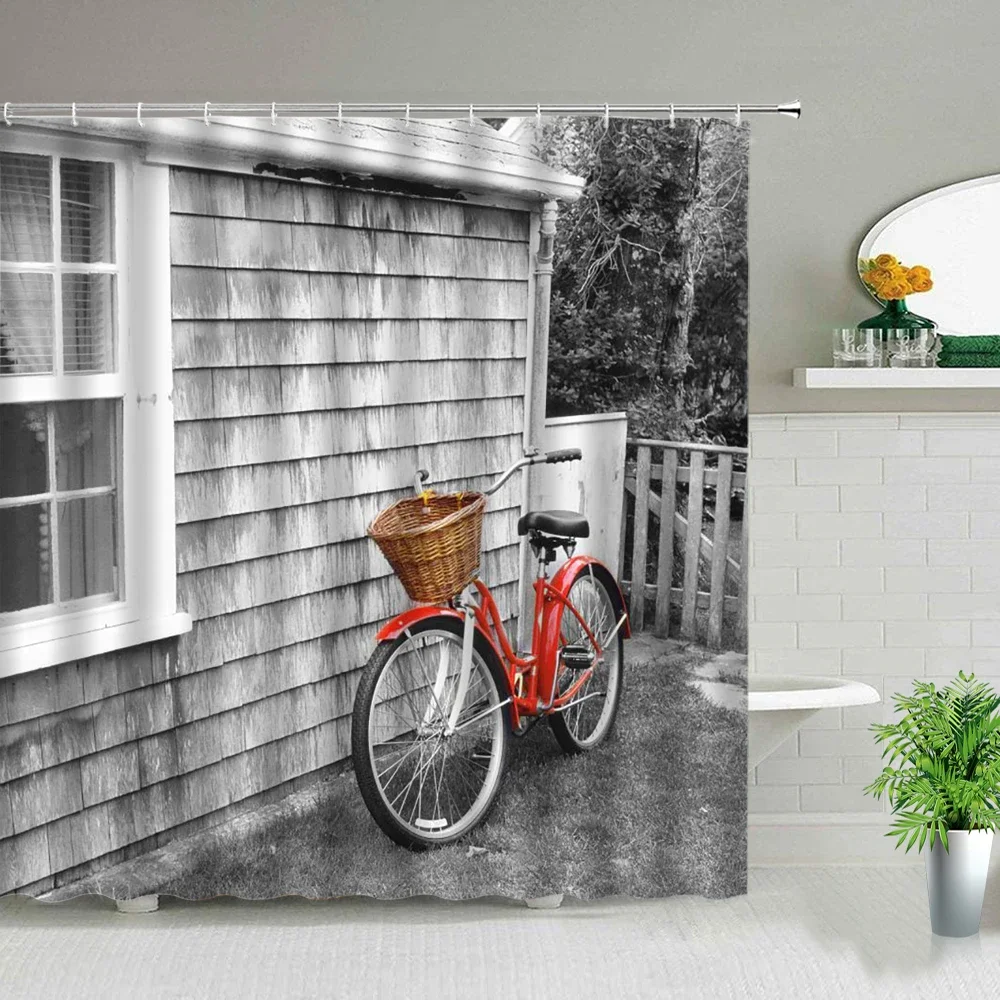 Retro Old Street Building Bicycle Landscape Shower Curtains European Style Poster Bathroom Curtain Waterproof Fabric With Hooks