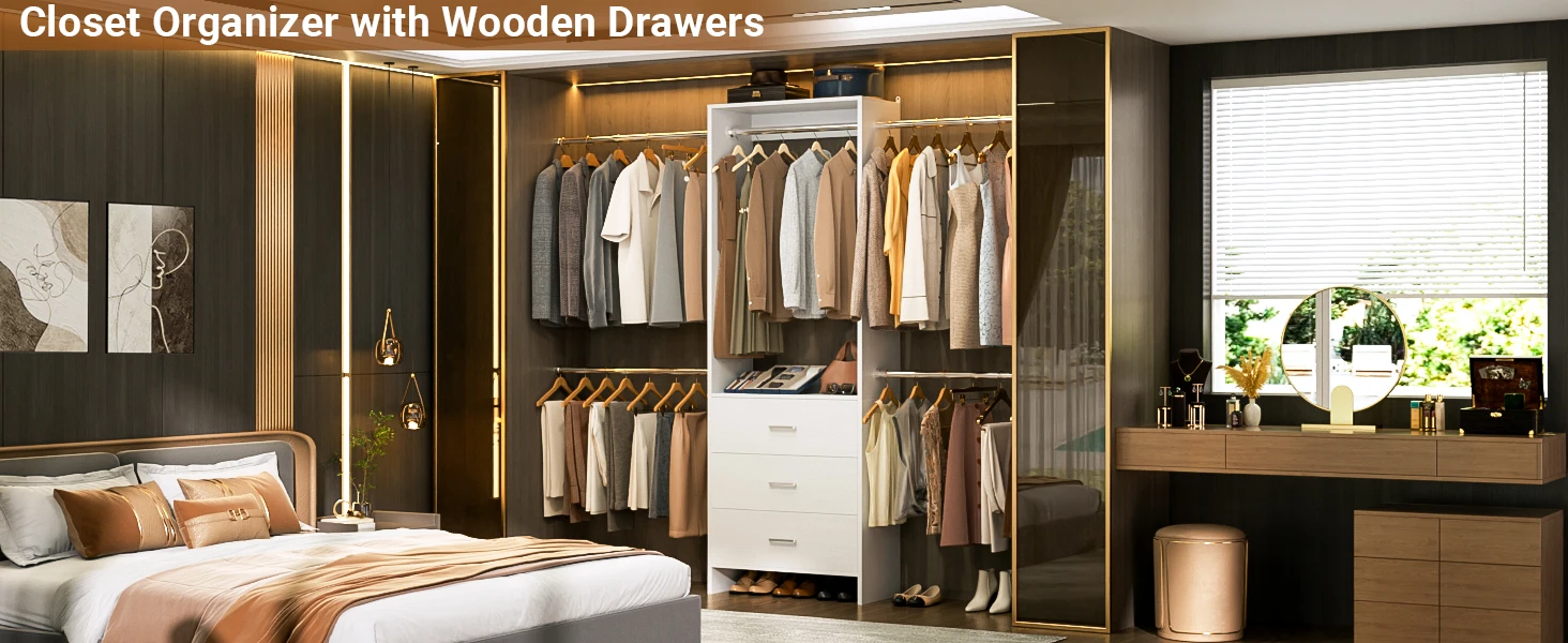 Aheaplus Closet System Closet Organizer with 3 Wooden Drawers Walk-in Closet Wardrobe with 4 Hanging Rods Clothes Rack Garment Organizer