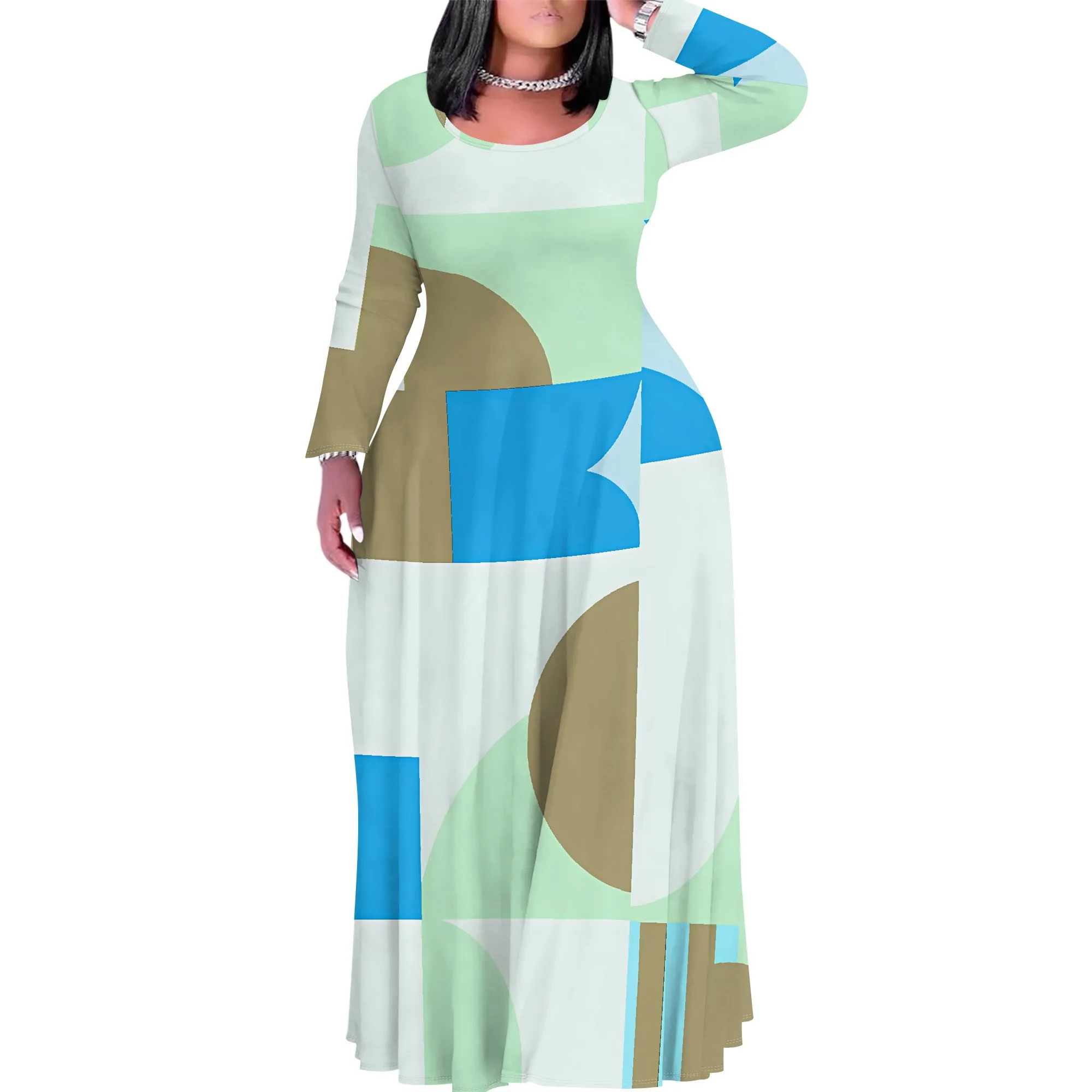 

Women's Summer/Fall Fashion Printed Long Sleeve Splits On Both Sides Maxi Dress Round Neck Long Sleeve Maxi Dress