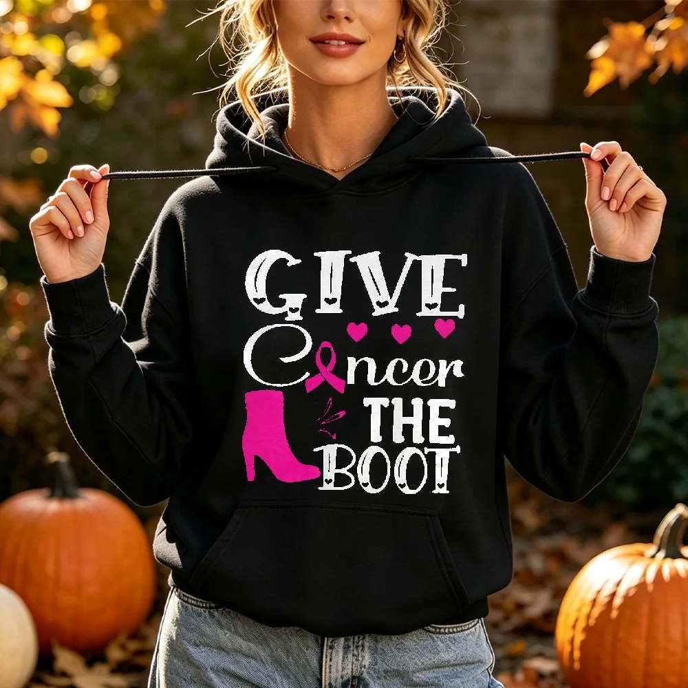 October Give Cancer The Boot Hoodie Women Warm Long Sleeve Pink Ribbon Boot Graphic Breast Cancer Awareness Support Sweatshirts
