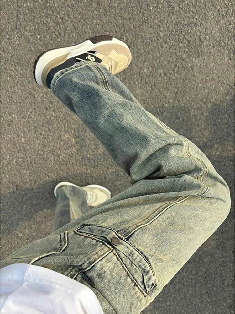 Yellow Mud Color Workwear Jeans Men's High Street Autumn Winter Straight Leg Slimming Long Leg Lengthening Micro Flared Pants