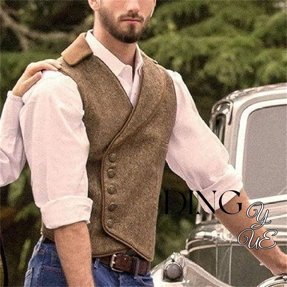 Gilet en tweed à chevrons pour homme, col tailleur, vernis imbibé, 5 boutons