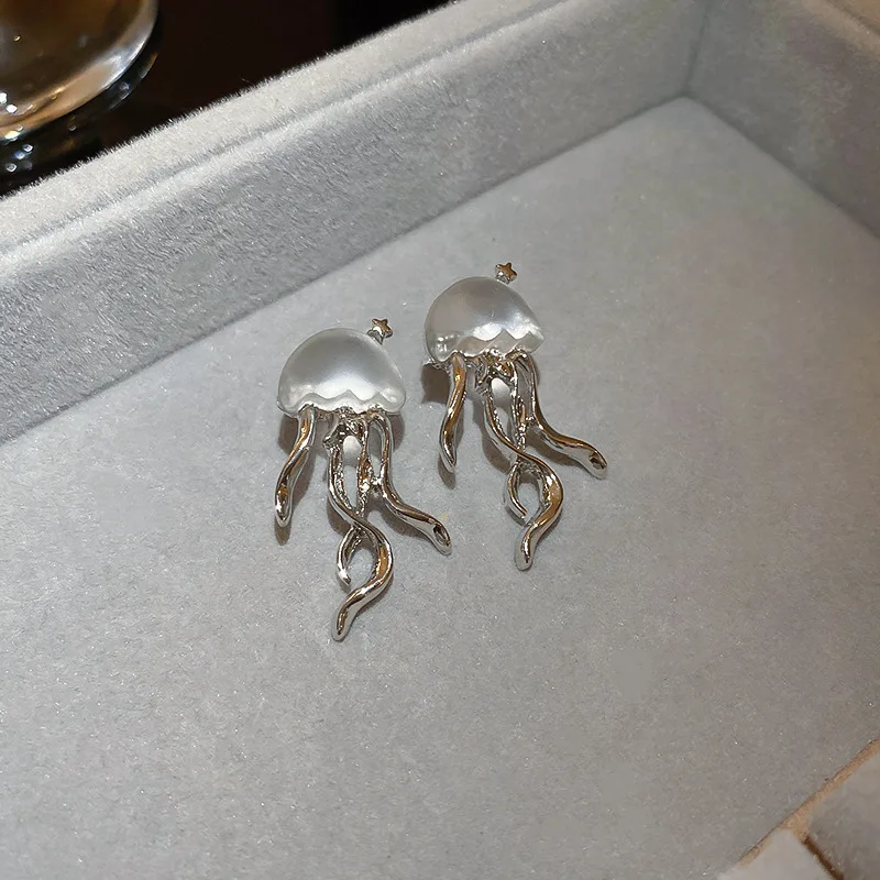 Personalized White Frosted Jellyfish Stud Earrings s925 Silver Needle Ocean Style Fashion Jewelry For Women Vacation image 5