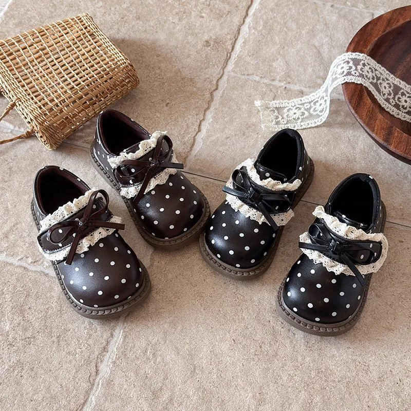 Spring Autumn Comfortable Best Kids Shoes Polka Dot Bow Lace Soft Non-Slip Sole Casual Daily Princess Shoes for Toddler Girls