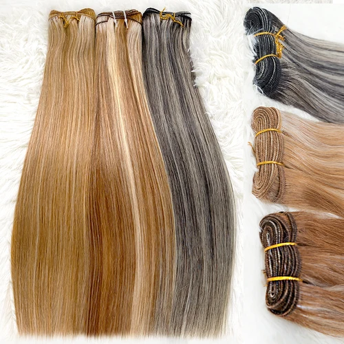 Extensiones de trama de cabello humano mechones de cabello Color rubio Piano cosido en piel Remy recta sedosa doble trama para salón