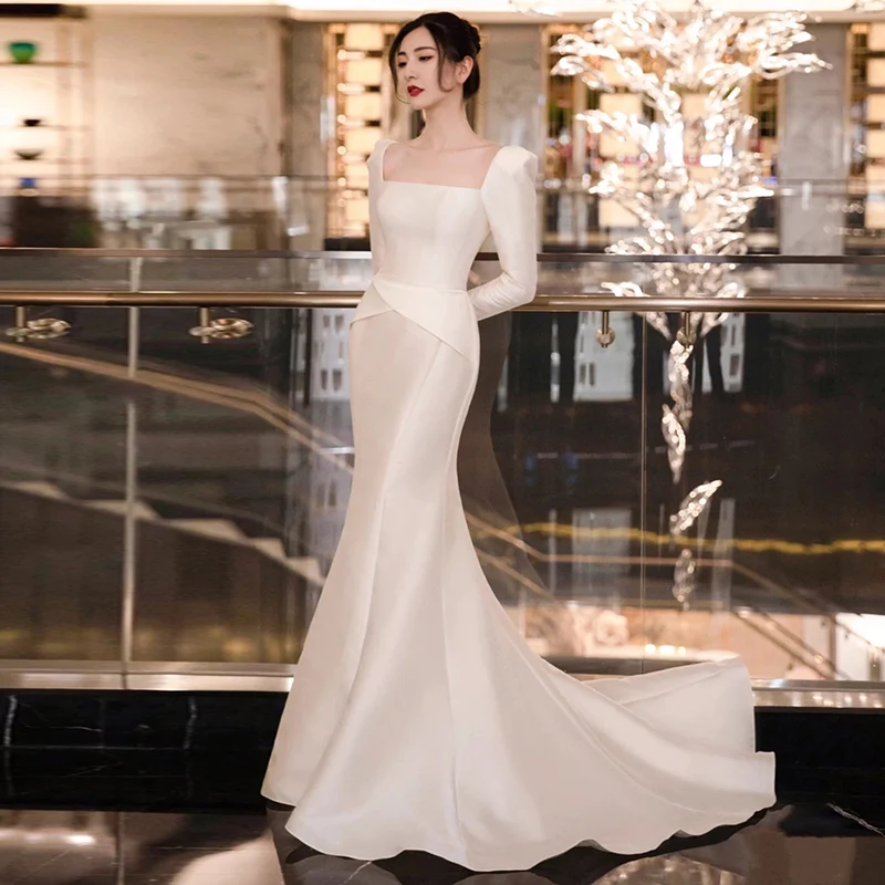 Белое свадебное платье с длинными рукавами, атласное минималистское платье для невесты, свадебного приема, вечернее платье для банкета, ежегодного собрания