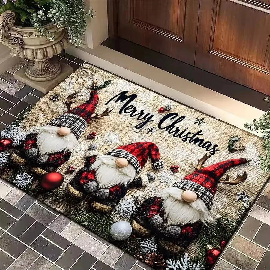 VIKAMA Christmas Gnome Door Mat Plaid Pattern Welcome Rug Festive Soft Kitchen Rug Living Room Mat Rug For Bedroom Home Decor