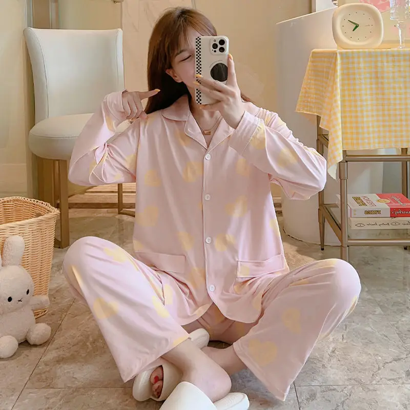 Simple Large Size Long-Sleeved Pajamas Set Spring Autumn New Women's Printing Lapel Homewear Suit 2024 Sweet Student Sleepwear