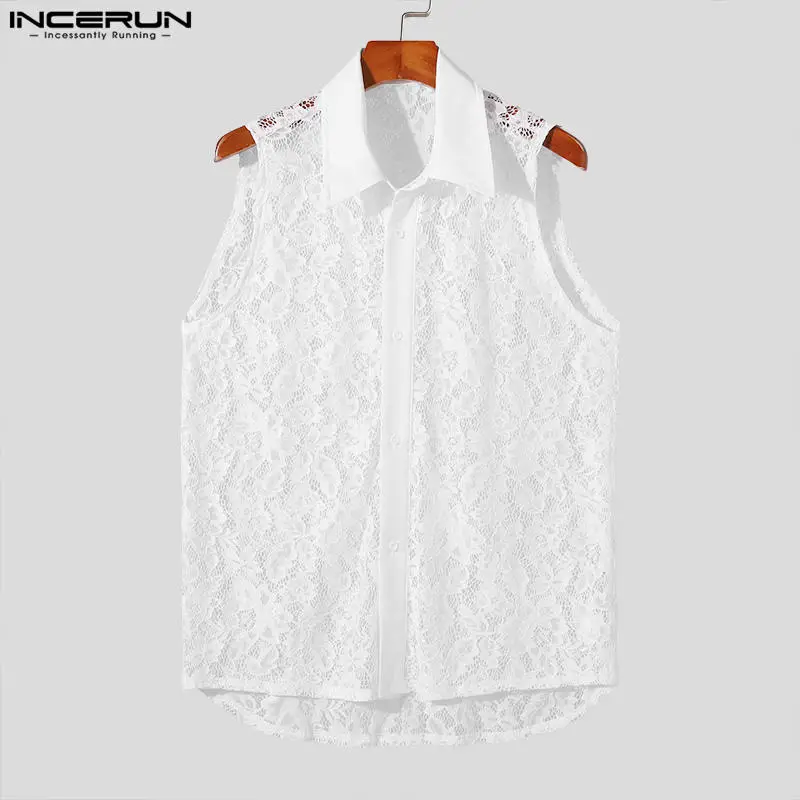 INCERUN Tops 2024 Korean Style Fashion Men\'s Perspective Lace Floral Design Shirt Sexy Summer Thin Sleeveless Lapel Blouse S-5XL