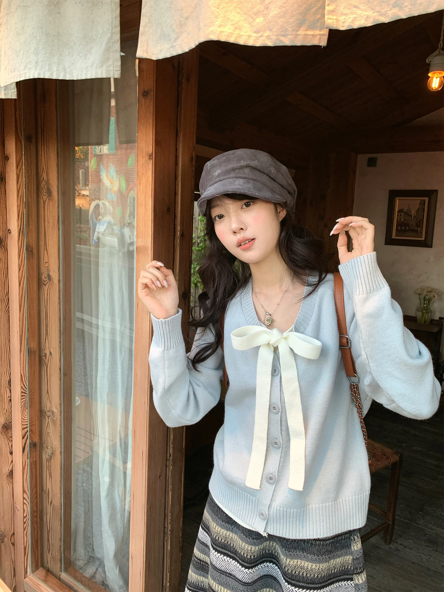 

Holli Korean Design Sensation Gentle Knot Tie Sweater Fake Two-Piece Knitted Long Sve Color Winter New A...