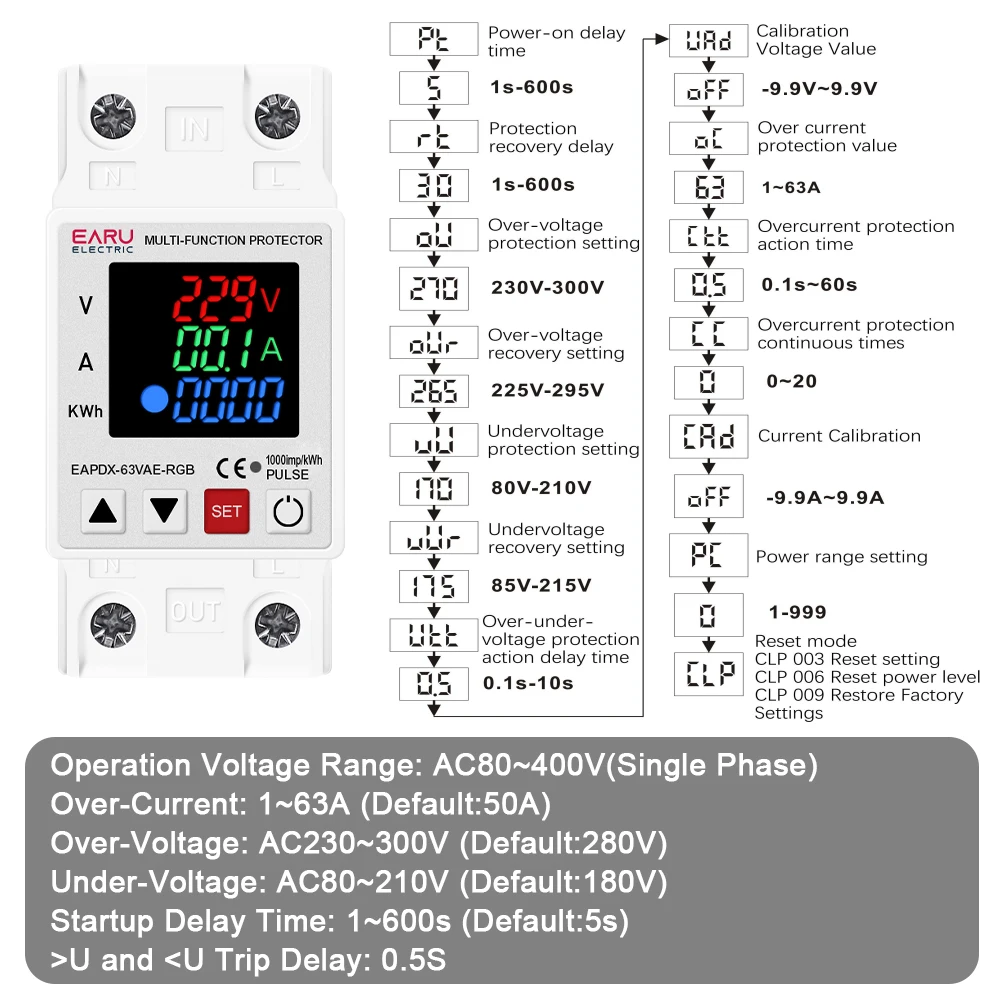 63A 230V 3IN1 Display Adjustable Over Voltage and Under Voltage Protective Device Protector Relay Over Current Protection Limit