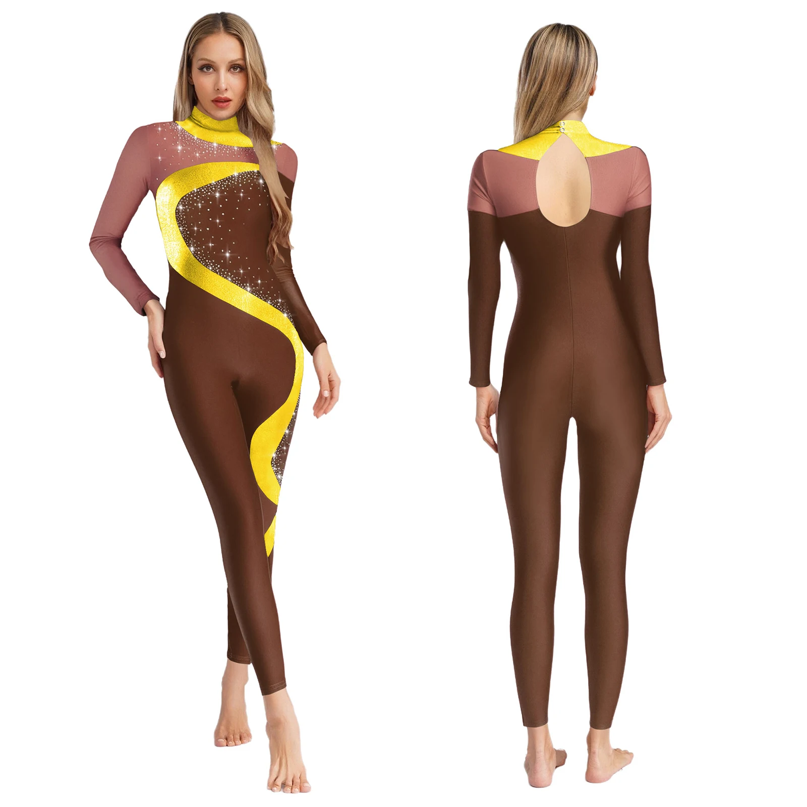 

Women Gymnastic Tights Jumpsuits Dancewear Shiny Rhinestones Long Sleeve Leotards Ballet Dance Skating Rhythmic Full Bodysuit