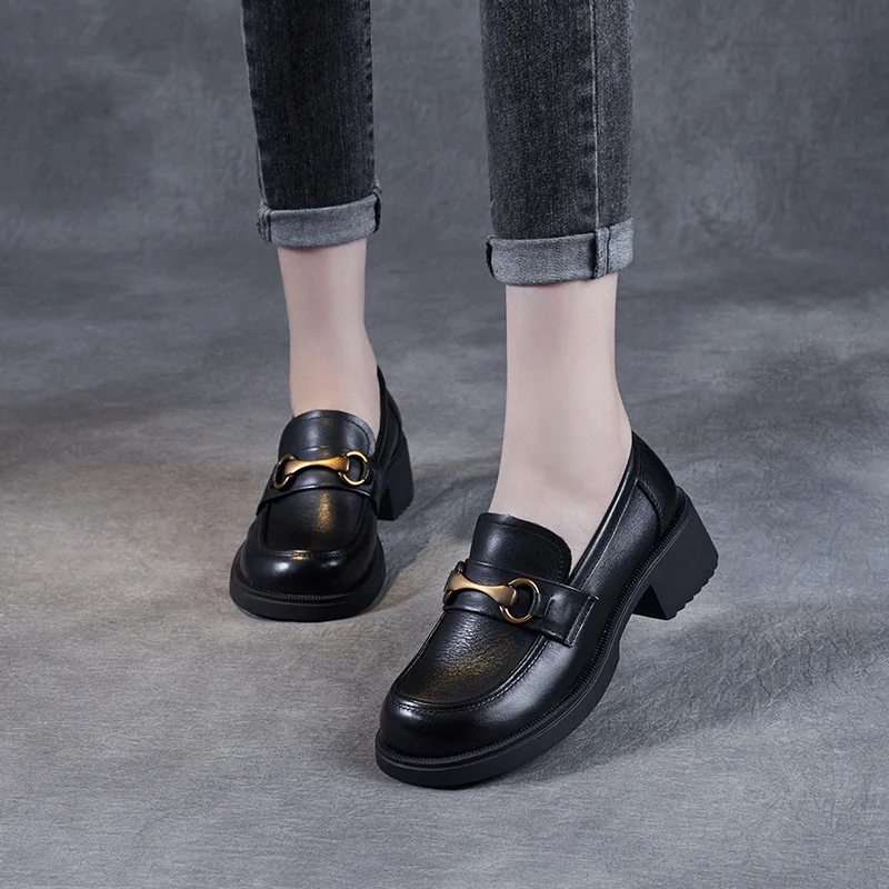 

2022 spring and autumn new thick high-heeled leather women's single toe layer leather buckle small leather shoes foot cover