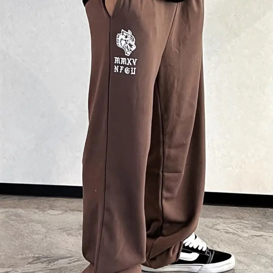 유럽과 미국의 늑대 머리 인쇄 면화 운동복 피트니스 스포츠 레저 거리 복고풍 바지를 가진 남성과 여성