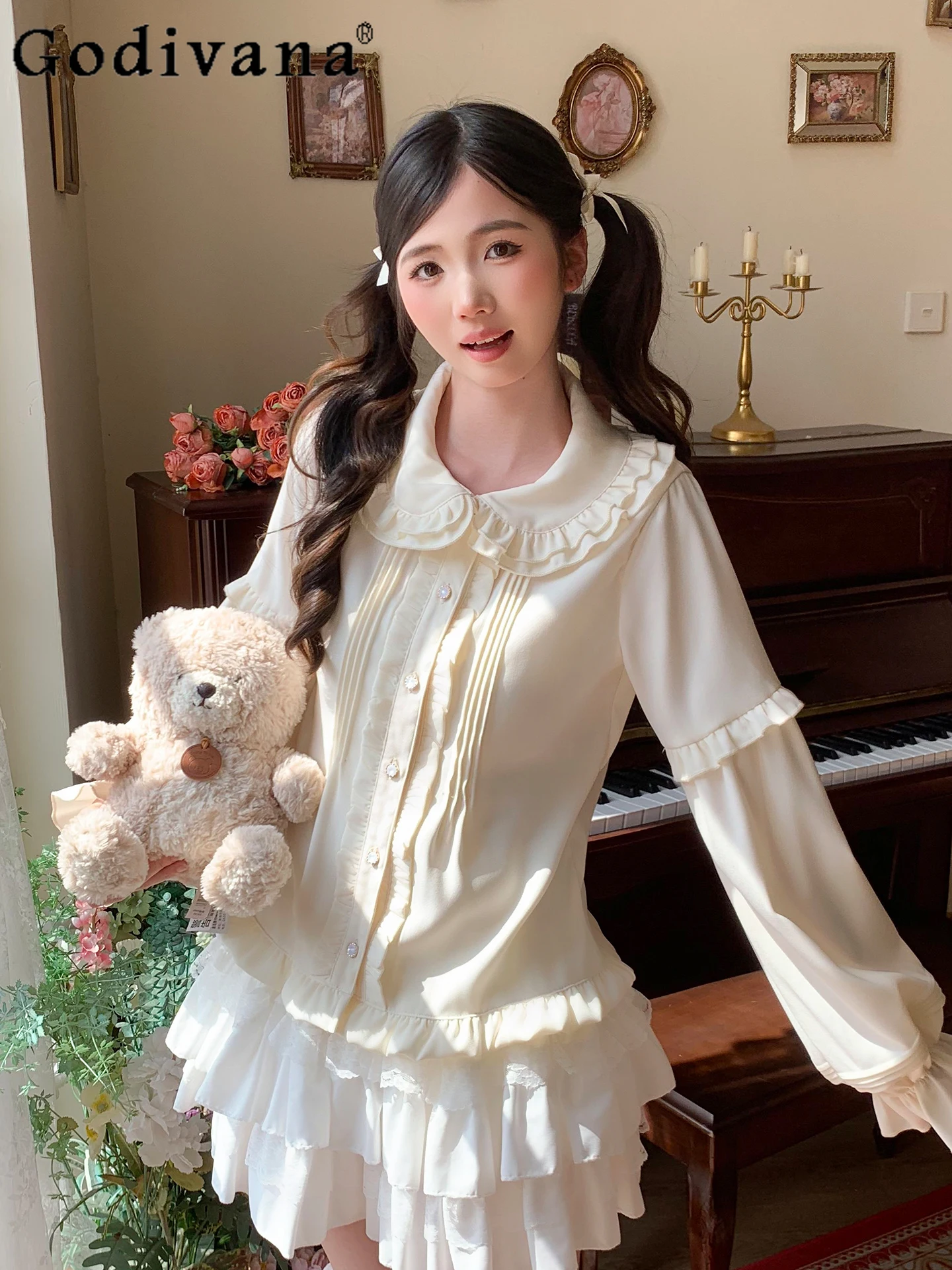 الخريف الحلو فتاة لينة اليابانية الأصلية لوليتا الداخلية طبقة مزدوجة دمية طوق فستان القوس كم طويل قاعدة قميص المرأة الأعلى