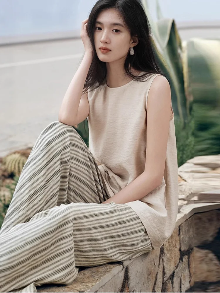 

Flax Loose Pants 2 Piece Set Women Round Neck Sleeveless Split Tops Stripe Pattern Wide Leg Trousers New Summer Street Outfits