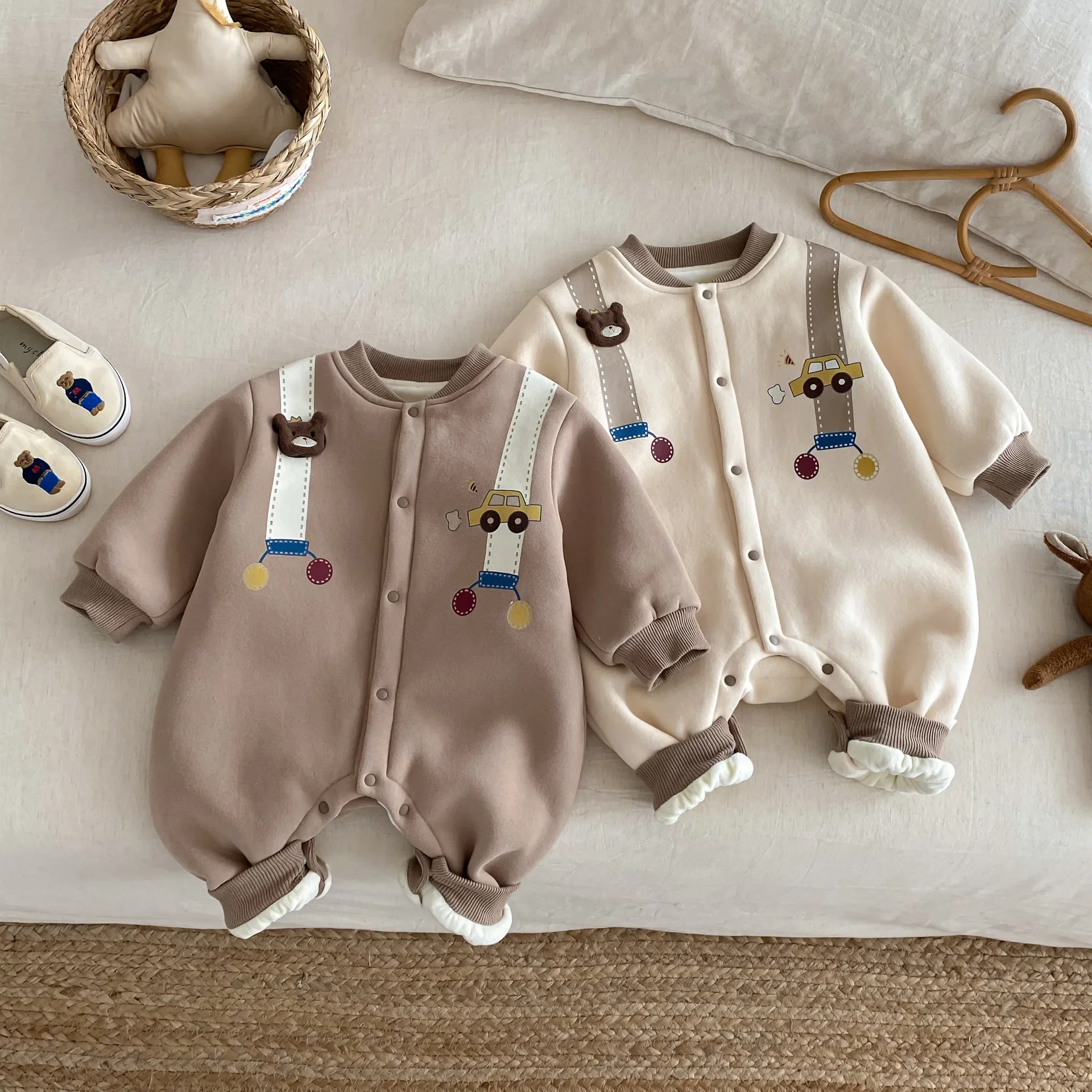 

Winter Fleece Lined Romper Cute Cartoon Bear Jumpsuits Toddler Outdoor Wear for Baby & Newborn Warm Play Suit