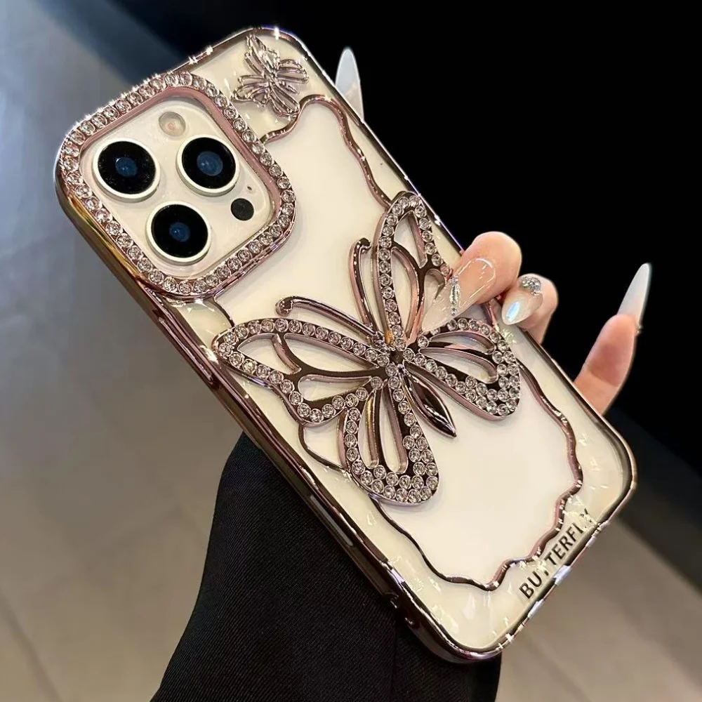 Transparent Butterfly Full Diamond Case for iPhone 17 Air 16 15 14 13 12 Pro Max Plus 17Pro Shiny Rhinestone Aesthetic Cover