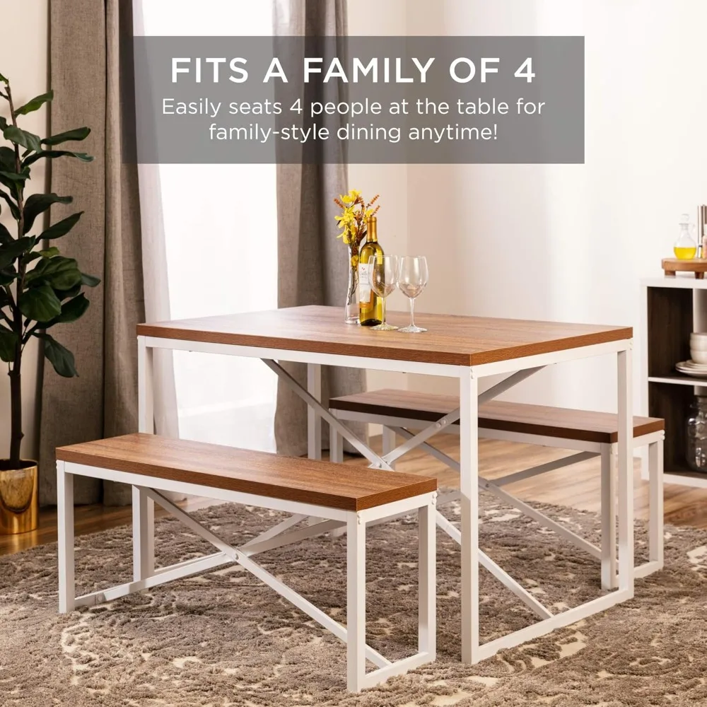 45.5in 3-Piece Bench Style Dining Furniture Set, 4-Person Space-Saving Dinette for Kitchen, Dining Room w/ 2 Benches, Table