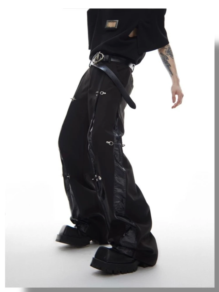 Mens Trousers Harajuku Deconstructed Streetwear Metal Buckle Suit Pants Leather Patchwork Straight Leg Loose Fit Draped Casual view 4