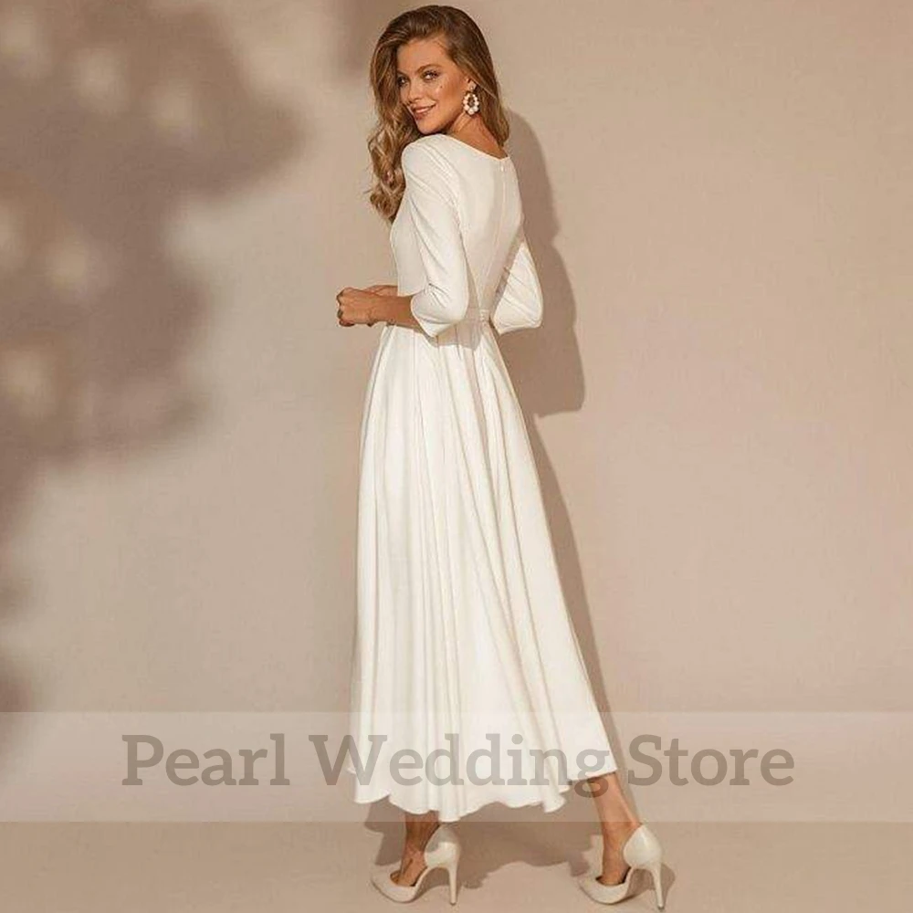 Robe de Mariée Simple à Col en V Trois Quarts, avec Ceinture, Ligne A, Mi-mollet, sur Mesure, Fermeture Éclair, pour les Patients