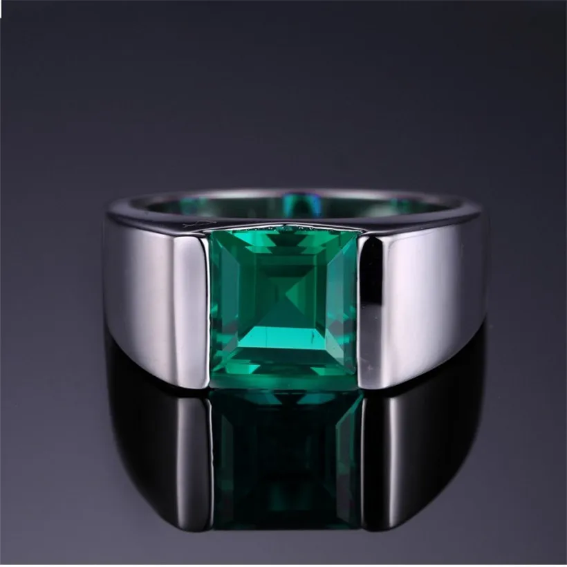 Men\'s Eternity 925 Sterling Silver Square natural green gemstone Stone Solitaire Ring Size 8-12
