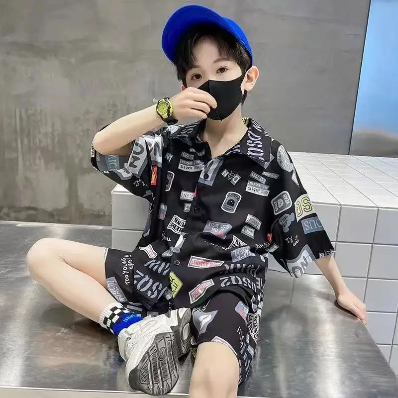 Boys' Clothing Set Summer New Children's Printed Short sleeved Shirt Shorts 2-piece Set Teenage Boys Sports Set