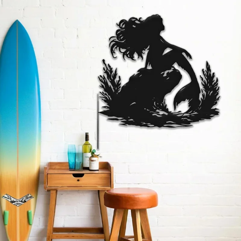 Wrought Iron Mermaid Metal Wall Art 15.75 Inch Nautical Ocean Theme Indoor Outdoor Hanging Decor for Living Room Bedroom Bat