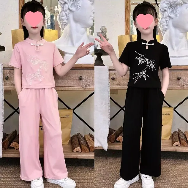 Girls Suits New Chinese Suit Children Summer New Casual National Style Solid Color Fashion Short-sleeved Trousers Two-piece Set