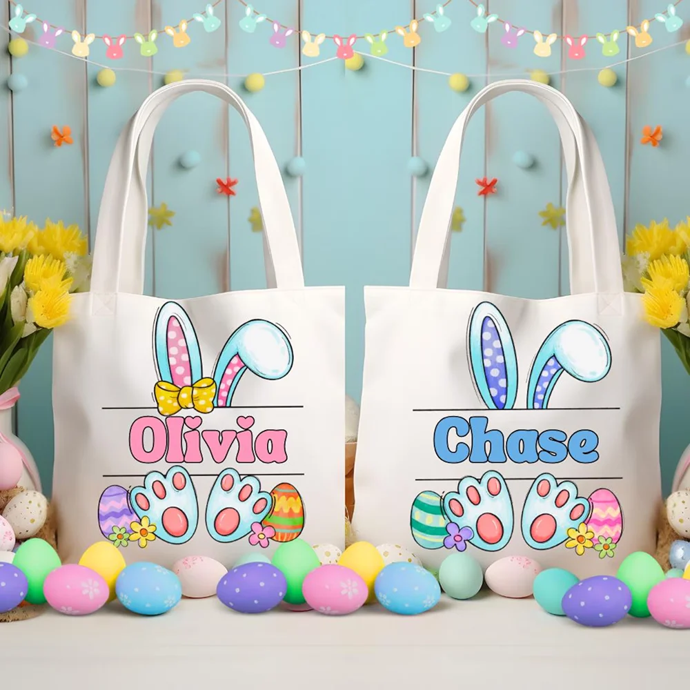 Personalisierte Osterhasen-Leinwand-Tragetasche für die Eiersuche – Frühlingsfest-Partygeschenk, Oster-Eiersuchekorb