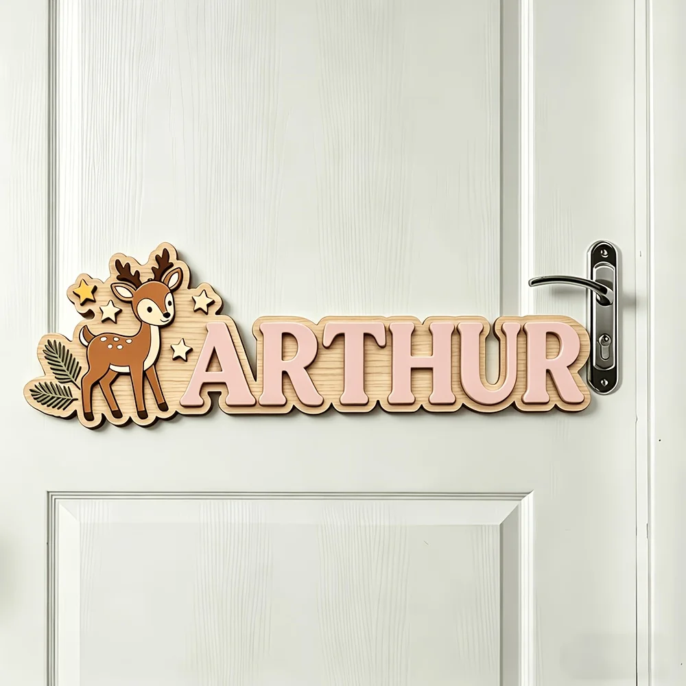 Custom Deer & Star Wooden Name Sign, Personalized Woodland Door Plaque, Cute Nursery Bedroom Decor, Lovely Hanging Gift - view 2
