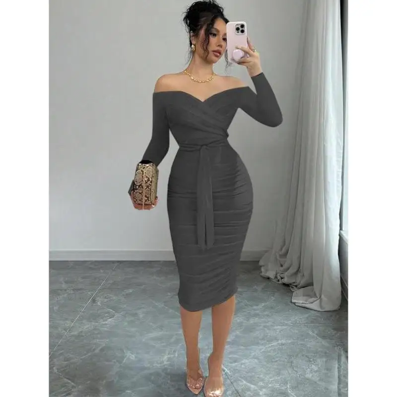 

R 509 Women's Pure Color oulder Bared Wrap Tightened Folds Bodycon Set Casual Sportswear Seven Sve Length Autumn Use