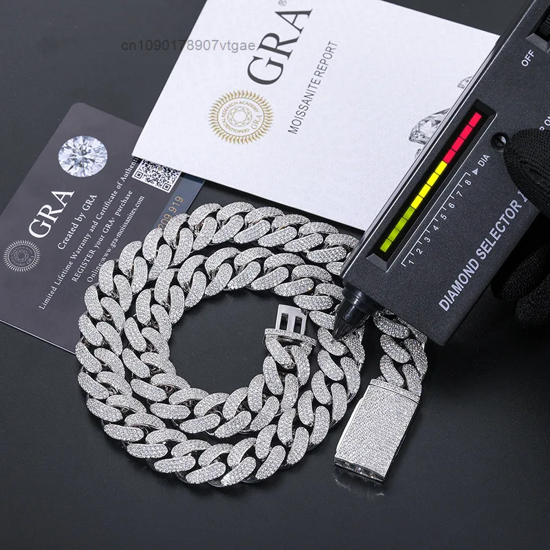 Selling Hot Men Hip Hop Jewelry Bling 16mm Sterling Silver VVS Moissanite Iced Out Cuban Link Chain Necklace With Certificate.
