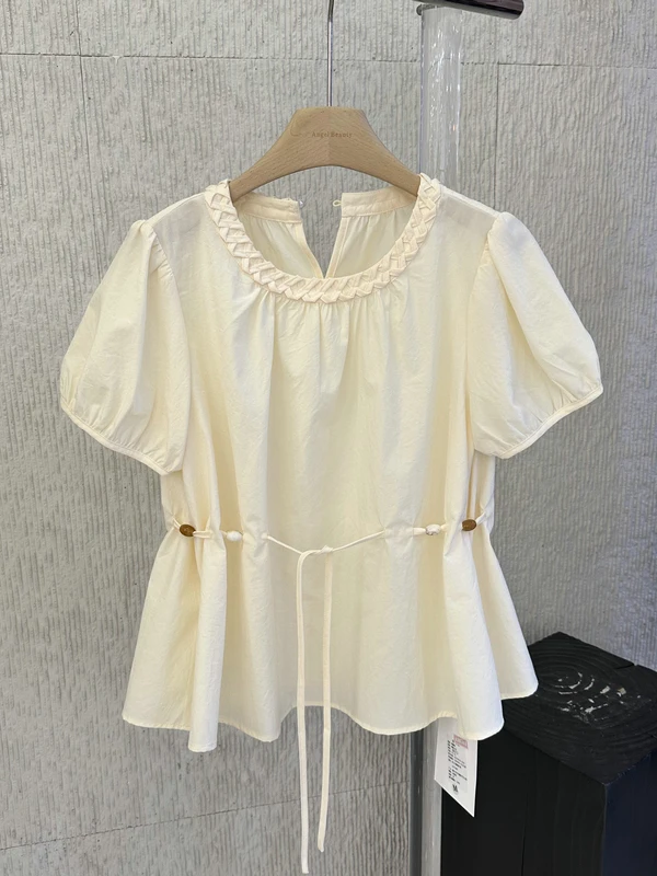 

French Style Oxygen Girl Anti-Aging Bubble Sleeve Shirt Waist-Cinching Knitted Collar Doll Top Women's Fashion Spring Summer