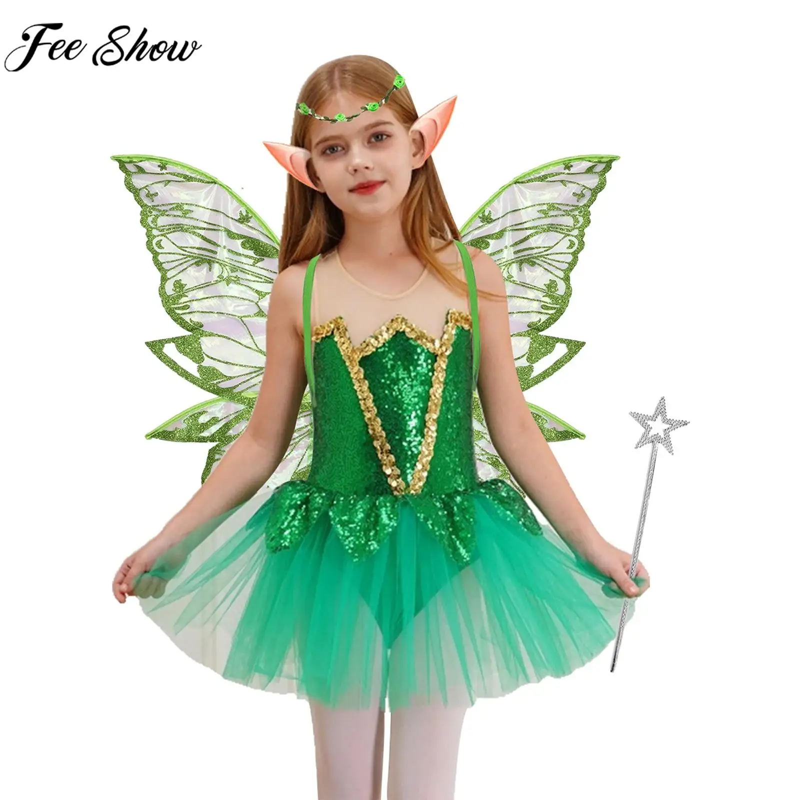 Kids Girls Butterfly Fairy Elf Cosplay Costume Sequins Mesh Tutu Dress with Wings Ears Magic Wand Garland for Halloween Carnival