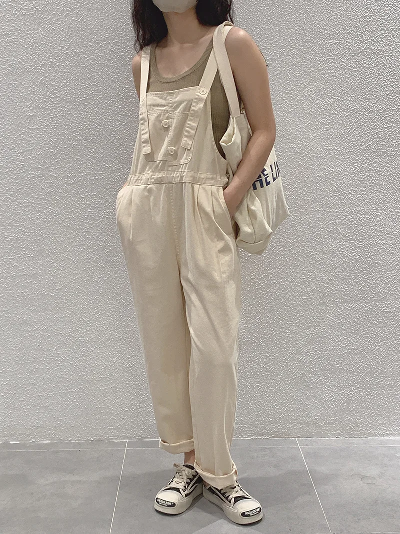 

Spring Summer Casual Beige Loose Jumpsuit Fashion Wide Leg Pants Cotton 2024 New Elastic Waist Pocket Street Denim One Piece