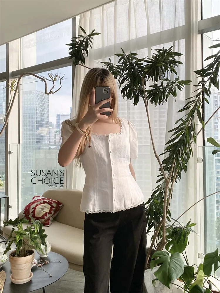 

Susan Ref Pure Original Retro Bla, белый льняной топ с квадратным воротником и кружевной отделкой на талии, женский топ Faion Summer irt