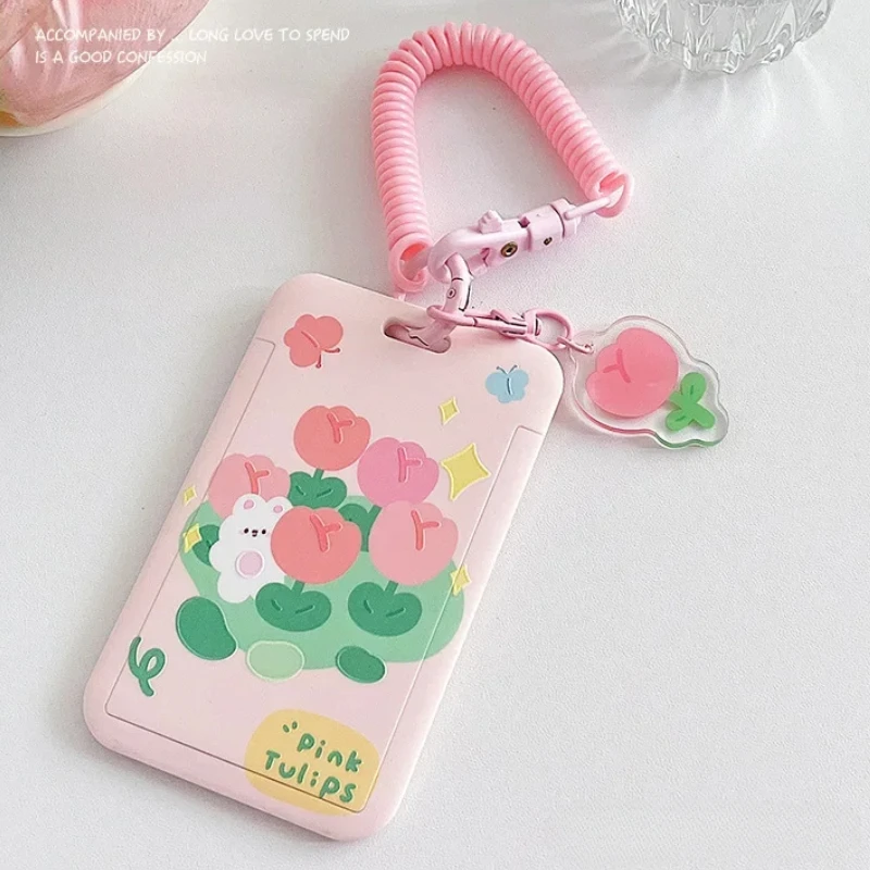 INS Lovely Tulip Cartoon Card Holder Cute Kids Bus Subway Card Protector Girls Work Bank Credit Card Case Kawaii Pendant Rope