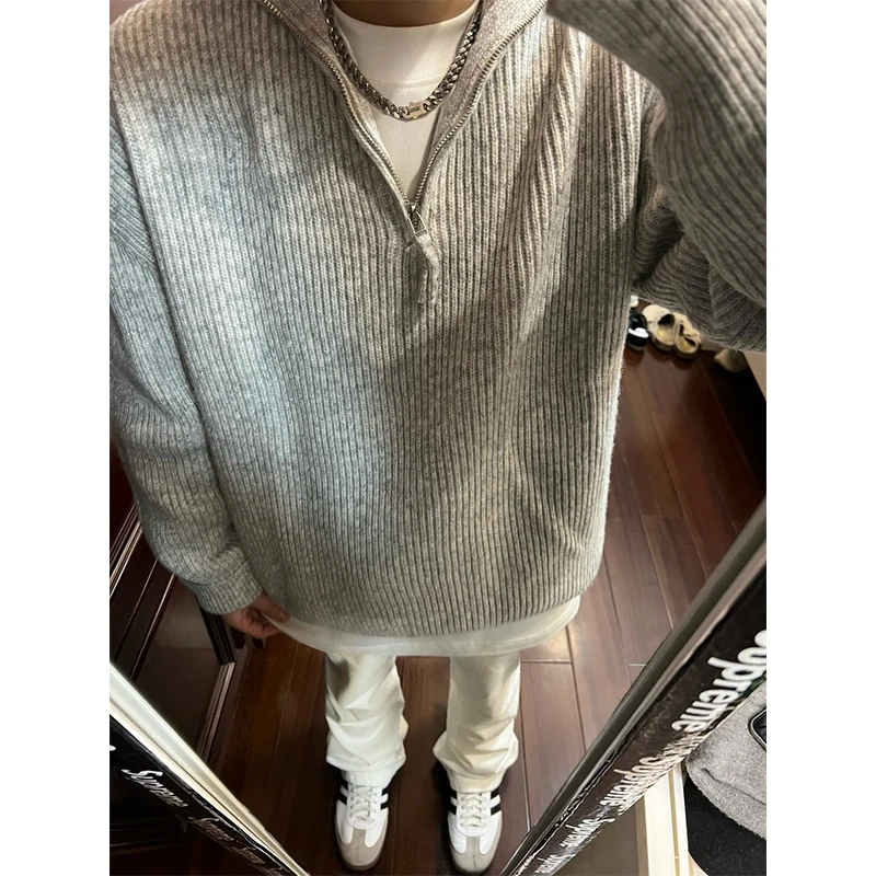 

Мужской вязаный свитер с высоким воротником на молнии, осенний, в корейском стиле, повседневный, свободного кроя, с длинными рукавами