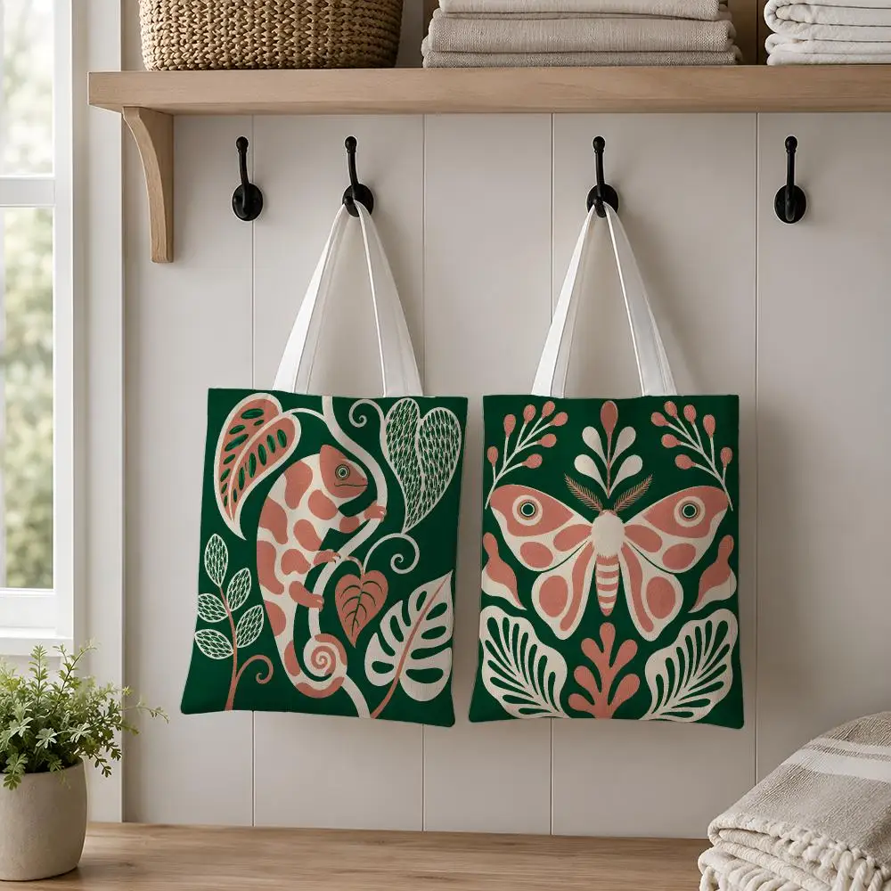 Botanical Forest Creatures Storage Bags Canvas Tote Reusable Shoulder Carry For Shopping Travel Work And School