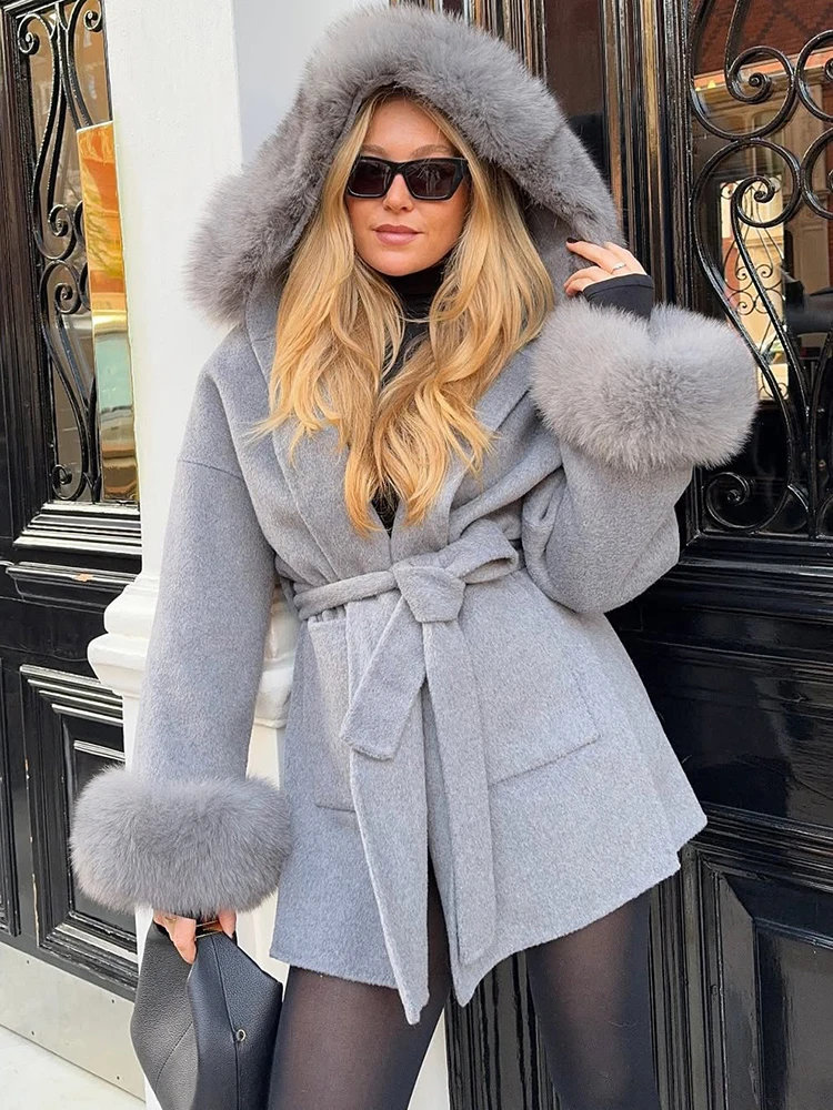 

Tuularose Elegant Lace Up Fur Patchwork Coat Women Loose Solid Long Sleeve V-neck Open Stitch Coats Female Autumn Fashion Jacket