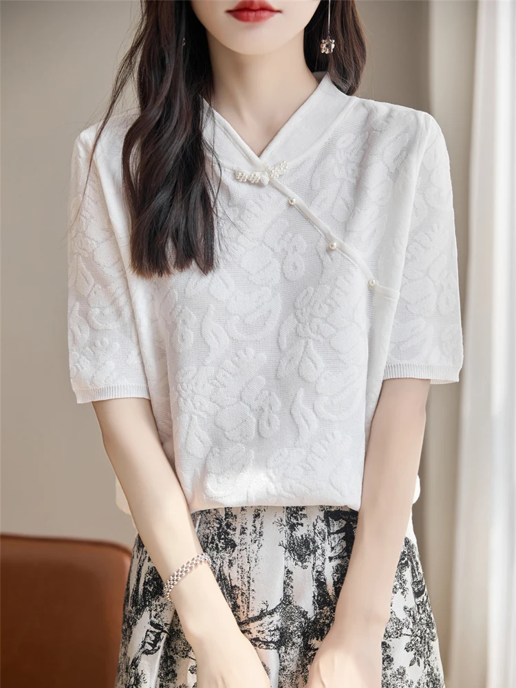 

Новая женская летняя футболка в китайском стиле с воротником-стойкой, коротким рукавом, из ледяного шелка, вязаная, с ретро-вышивкой и боковыми пуговицами