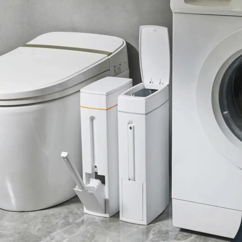

1 шт. пластиковый мусорный бак с щеткой для унитаза, пресс для мусора со встроенным держателем щетки для унитаза, прочный, экономия места для ванной комнаты