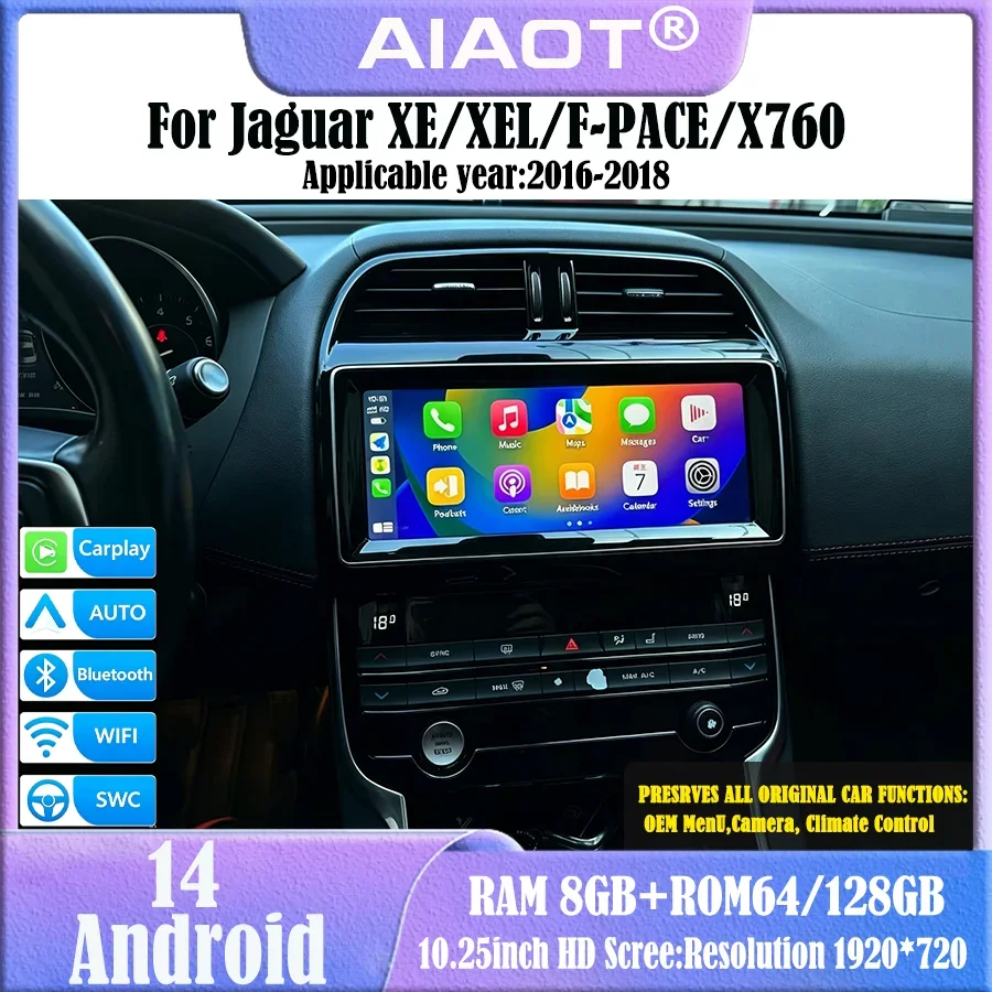 10.25 inch  For  2016-2019 Jaguar XE/F-PACE/X760 Multimedia Player Radio Carplay Qualcomm Android 13 retains the OEM menu screen