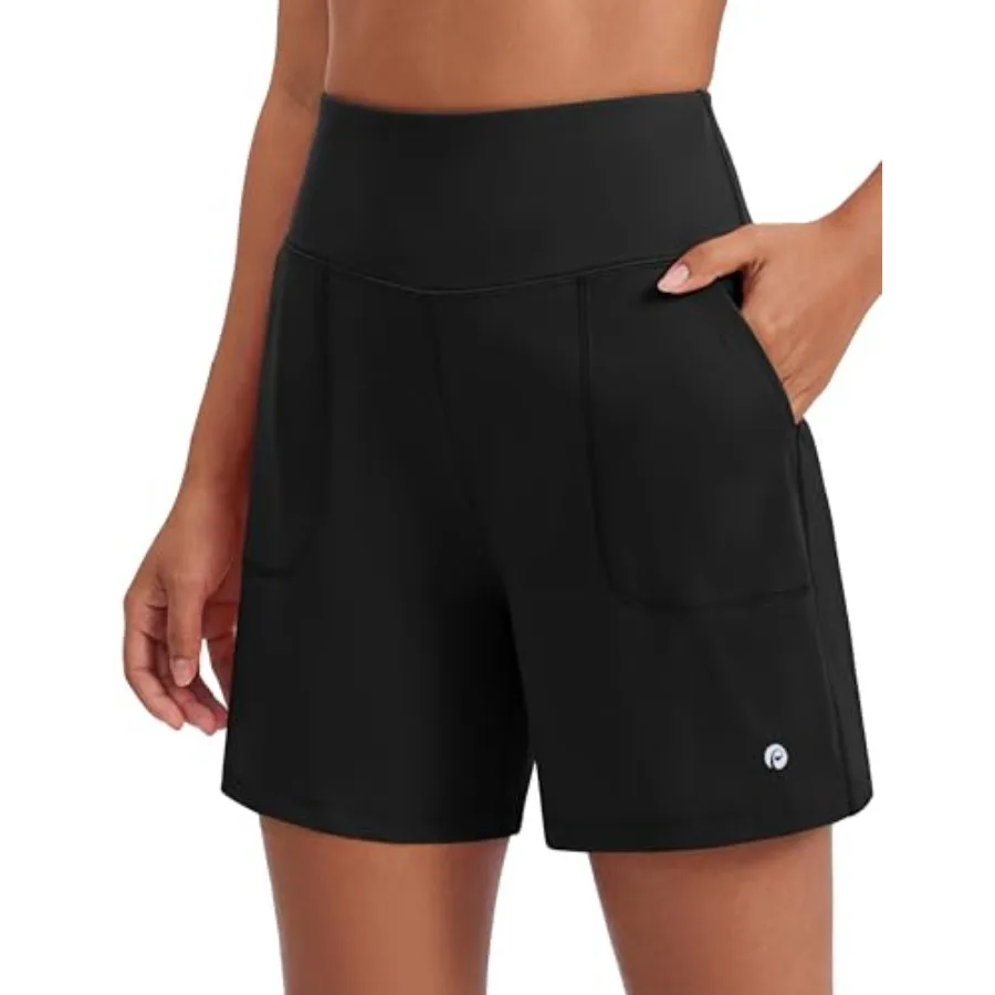 

PINSPARK Women's Athletic Shorts 6" High Waisted Yoga Shorts with Pockets Soft Workout Running Shorts for Gym Walking