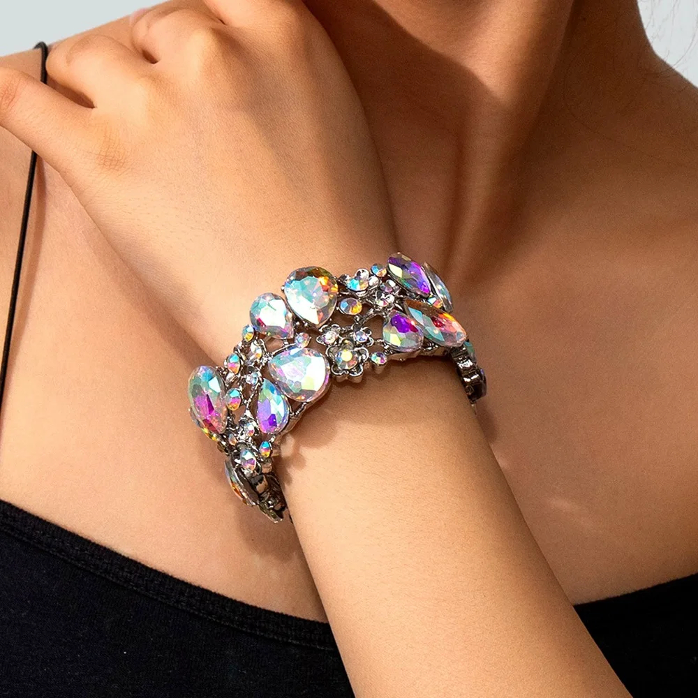 Fashion Womens Drop Shape With Flowers Rhinestone Elastic Bracelet