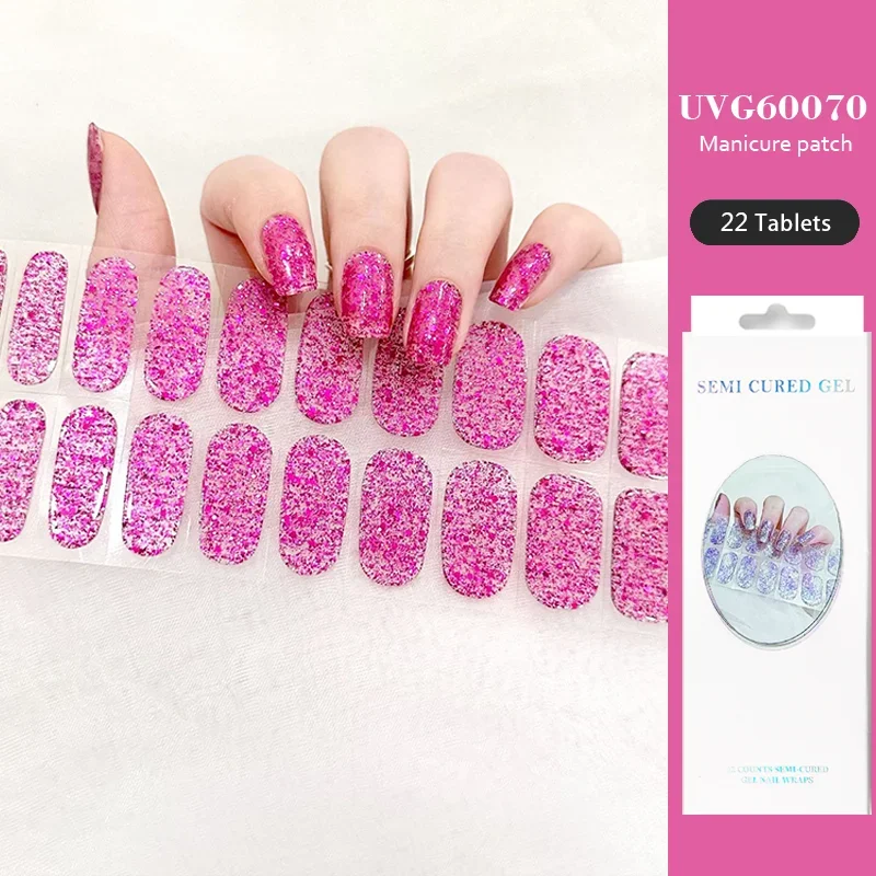 16/20/22 Strips Semi-cured Gel Nail Stickers Glitter Semi-baked Nail Tips Nail Decals Full Cover  Gel Nail Polish  UV Lamp Need