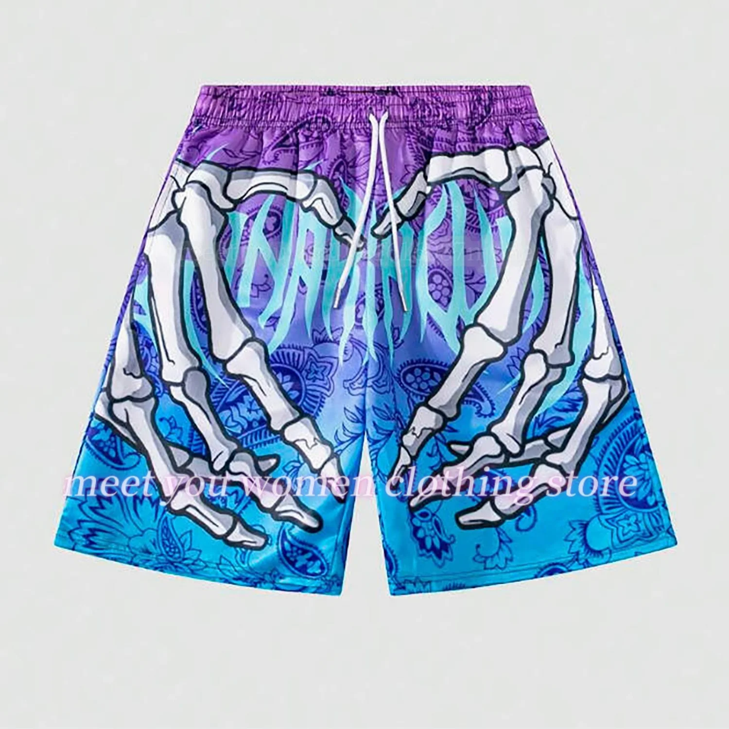Women Summer Classic Skull Beach Short Pants New Fashion Skeleton Hand Print Men Women Gym Shorts Quick Drying Trunks  Shorts